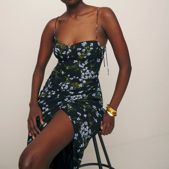 Reformation - Kourtney Black and Lilac Floral Midi Dress - Picture 5 of 9